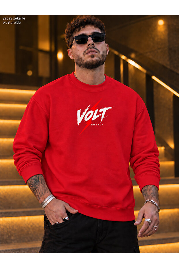 Men's Lightning Detailed Volt Energy Written Crew Neck Casual Regular Fit Sweatshirt