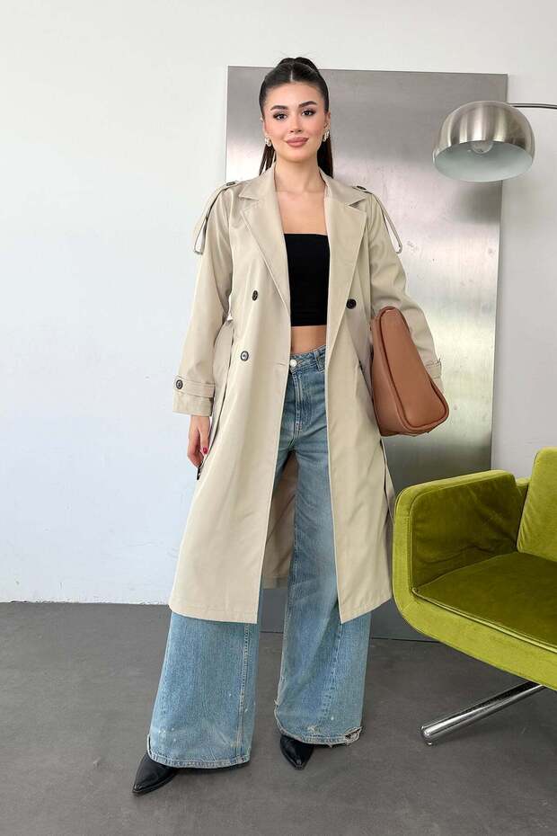 Women's Double-Breasted Collar Belted Long Trench Coat Beige - 27K 5941