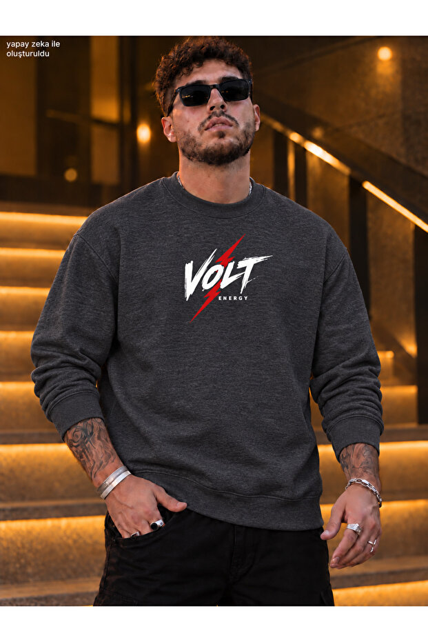 Men's Lightning Detailed Volt Energy Written Crew Neck Casual Regular Fit Sweatshirt