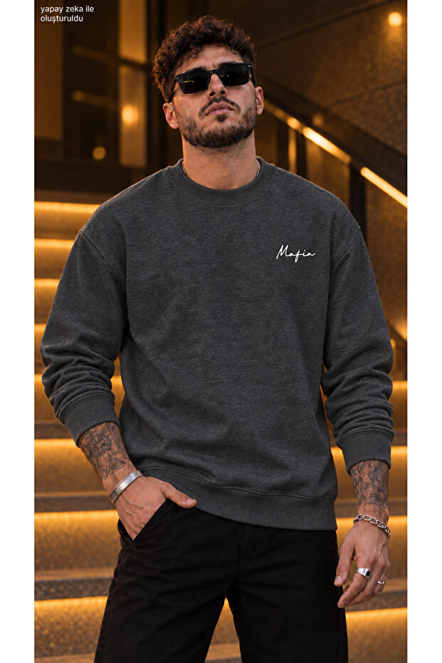 Men's Mafia Calligraphy Written Crew Neck Casual Regular Fit Sweatshirt