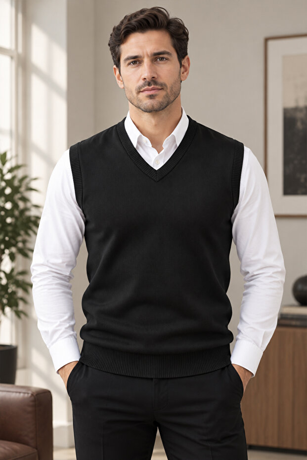 Men's 100% Cotton V-Neck Sweater Classic Cut Sleeveless Knitwear Pullover