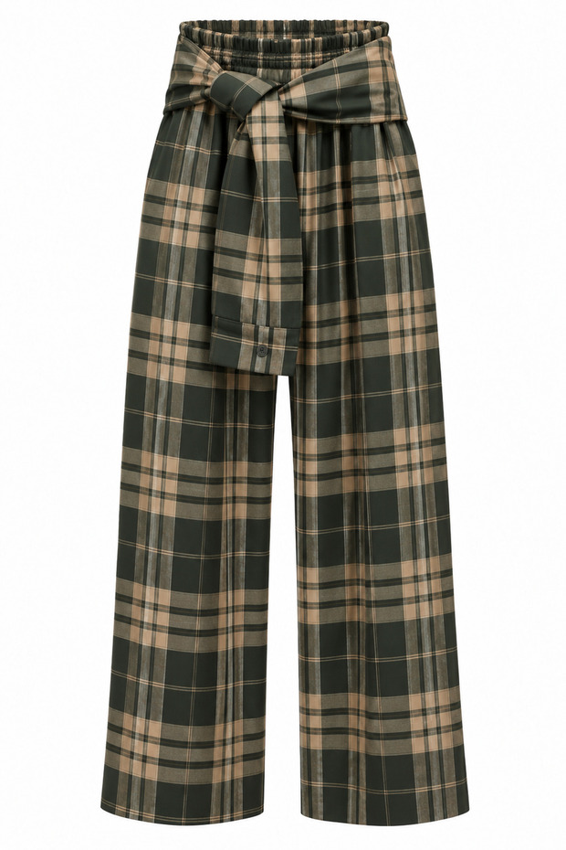 Plaid Patterned Khaki Belted Trousers