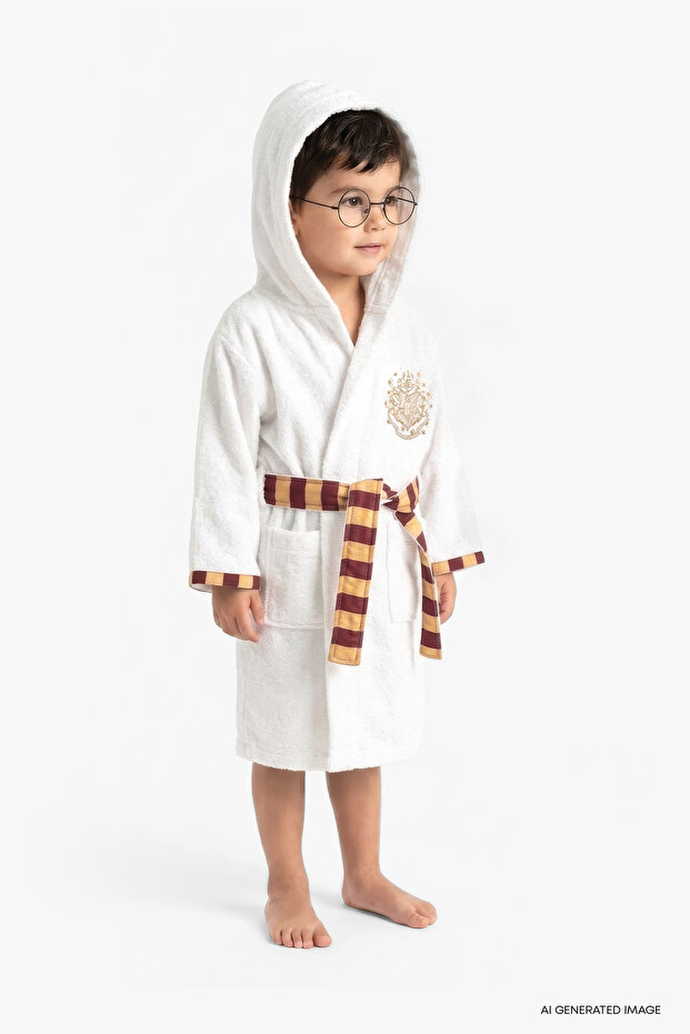 Harry Potter Gryffindor Hooded 100% Cotton Children's Bathrobe - Ecru