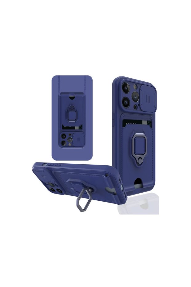 Apple iPhone 14 Pro Max Case Zuma Silicone with Business Card Holder and Ring - Navy Blue
