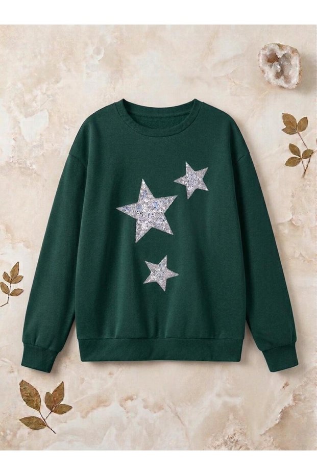 Women's 3 Star Printed Crew Neck Oversized Sweatshirt