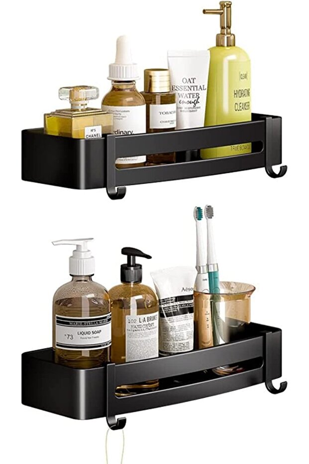 2-Pack Stainless Steel Corner Shower Caddy,No-Drilling Waterproof Bathroom Organizer with 4 Hooks,Black