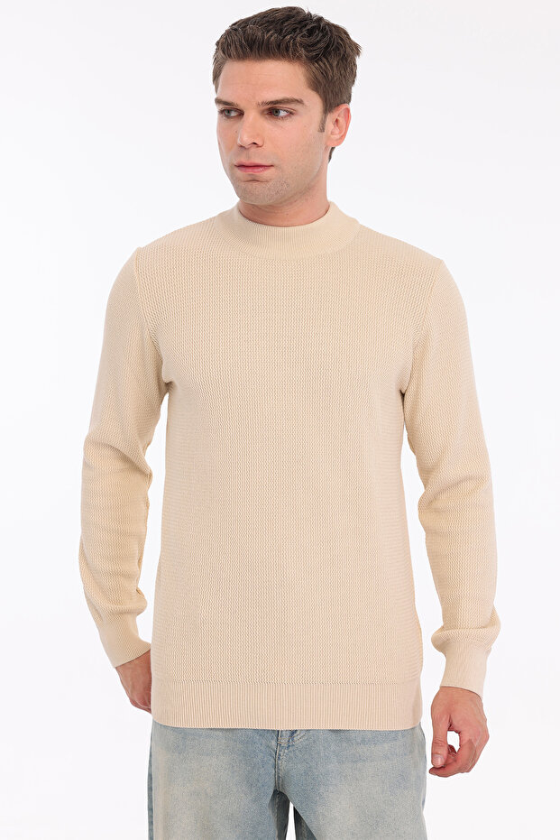 Cream Men's 100% Cotton Textured Knit Half Turtleneck Sweater Trist-1206