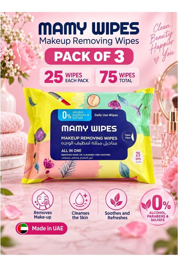 Pack of 3 All-in-One Makeup Removing Wipes for Daily Facial Care, 75 Pre-Moistened Face Wipes Total (25 Wipes/Pack), Removes Makeup, Cleanses, Soothes, 0% Alcohol, Parabens & Sulfate