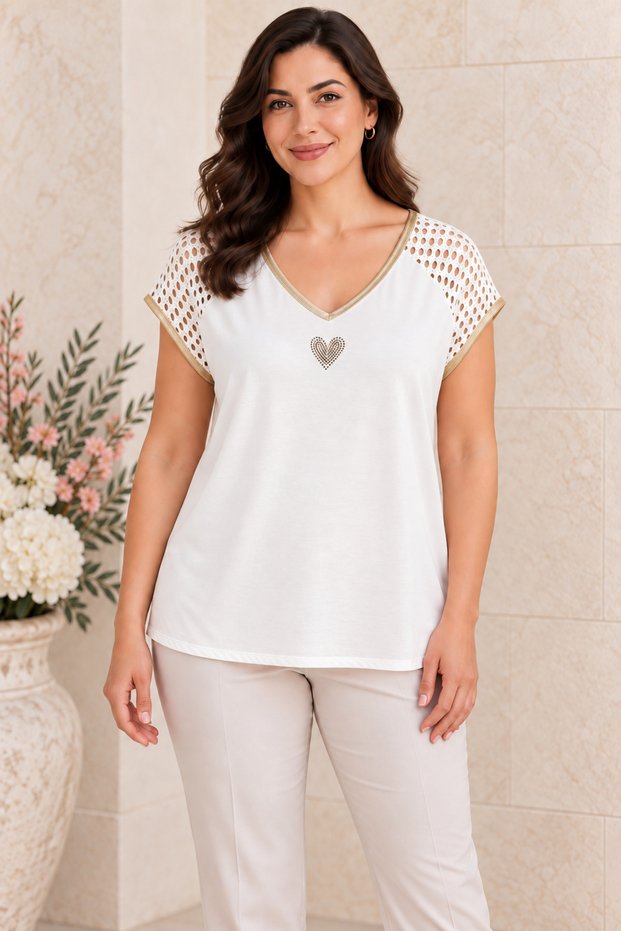 Women's Italian Lace Back Heart Front Satin Short Sleeve Blouse 38-44