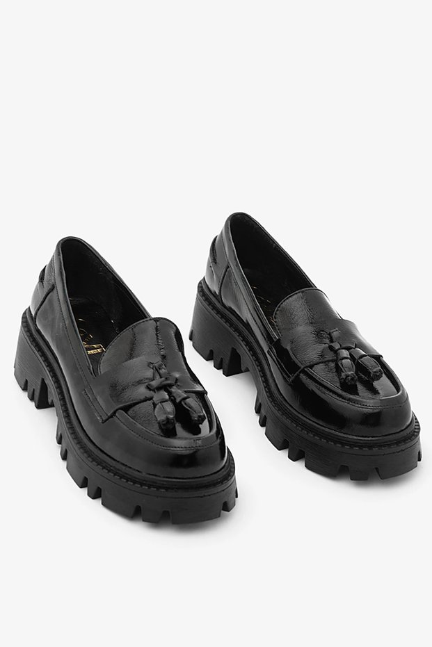 Black Patent Leather Genuine Leather Tasseled Thick Sole Women's Loafer Shoes