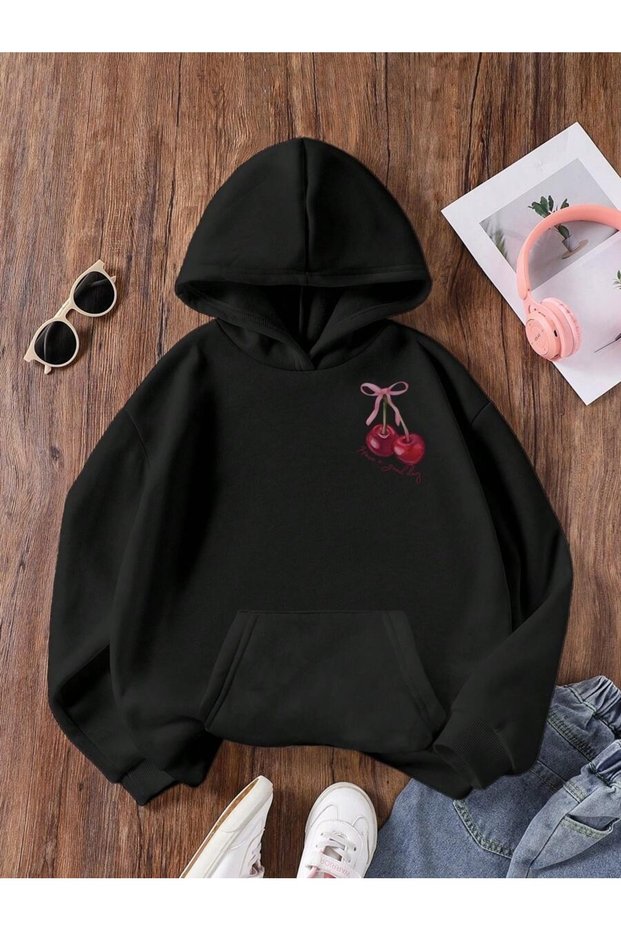 Unisex Black Cherry Front Printed Hooded Sweatshirt Printed Premium Oversize T-Shirt