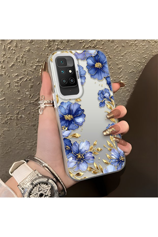 Redmi 10 4g Compatible Elegant Flower Case, Blue Flower Golden Branch Creative Flat Print