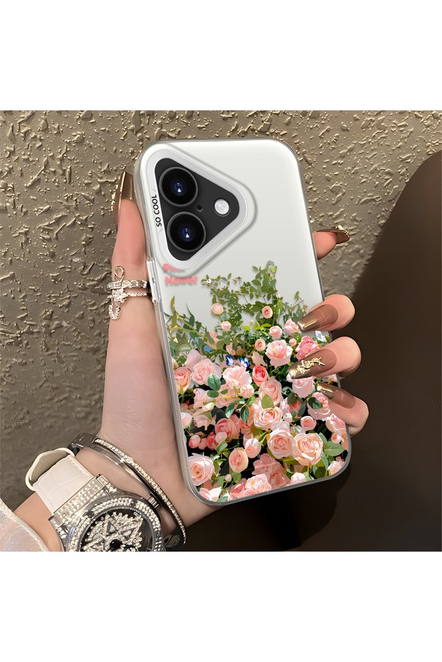 iPhone 16 Plus Compatible Pink Rose Flower Sea Phone Case, Floral Art Print