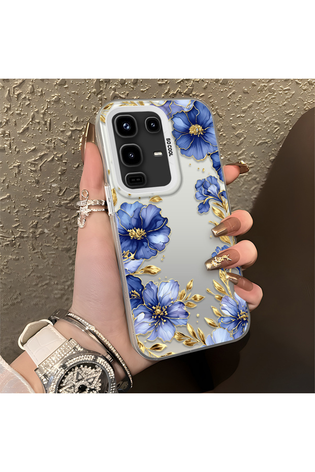 Infinix Note 50 Compatible Elegant Flower Case, Blue Flower Golden Branch Creative Flat Print