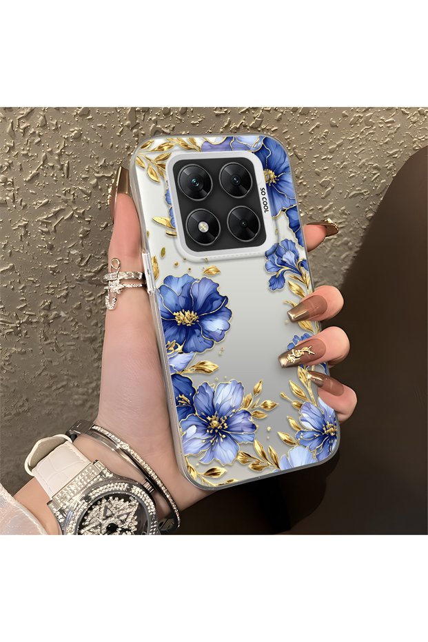 Poco X7 Compatible Elegant Flower Case, Blue Flower Golden Branch Creative Flat Printing