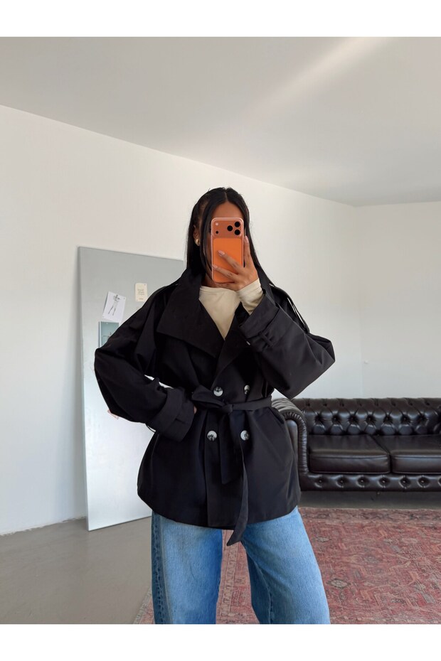 High Collar Belted Trench Coat - Black