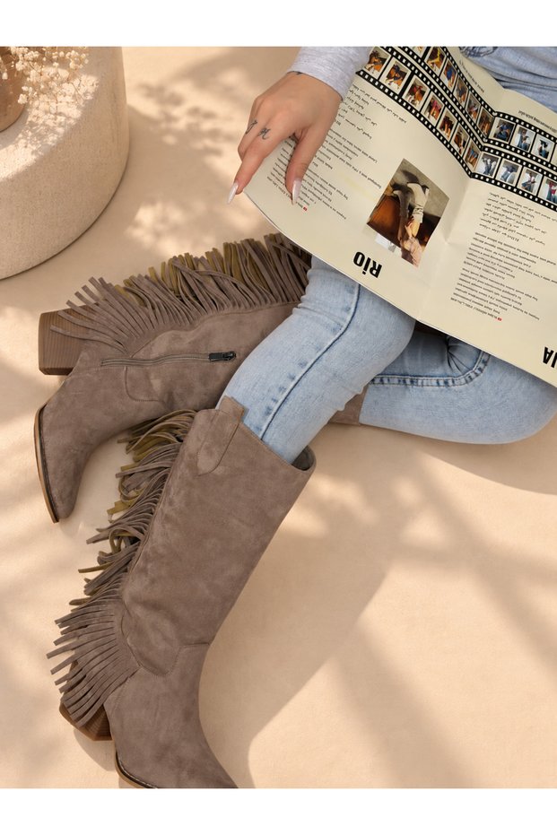 Arizona Mink Suede Tasseled 5 cm Heel Dallas Boots Botties