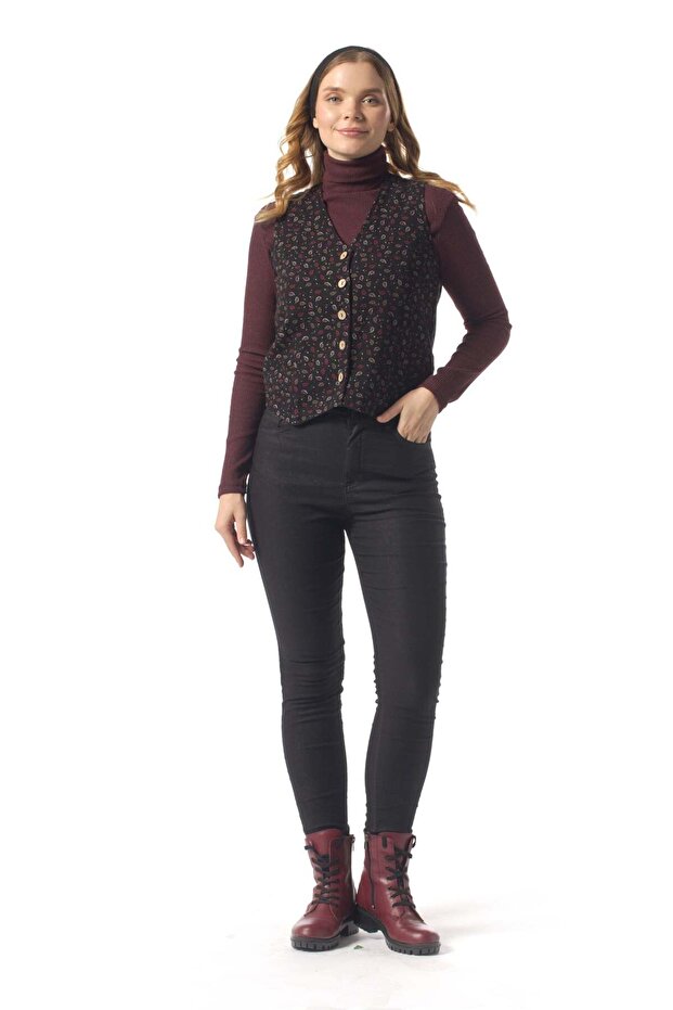 Silk Flannel Shawl Patterned Buttoned Winter Sleeveless Vest Black/Burgundy Syh/Brd