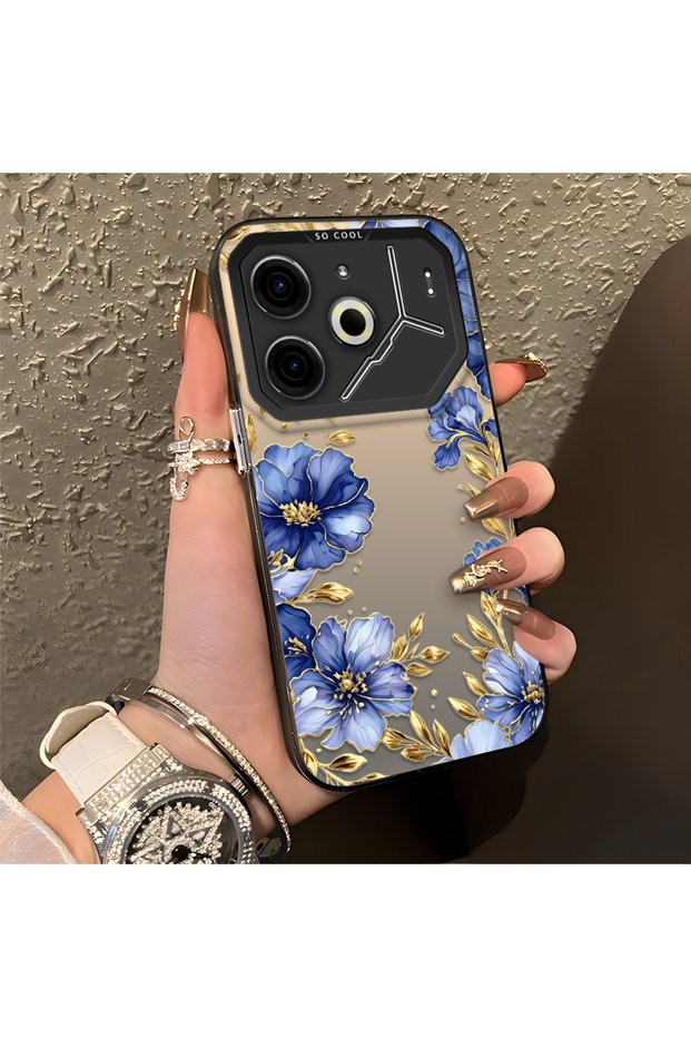 Elegant Floral Case Compatible with Tecno Pova 6/Pova 6 Pro 5g, Blue Flower Golden Branch Creative Flat Print