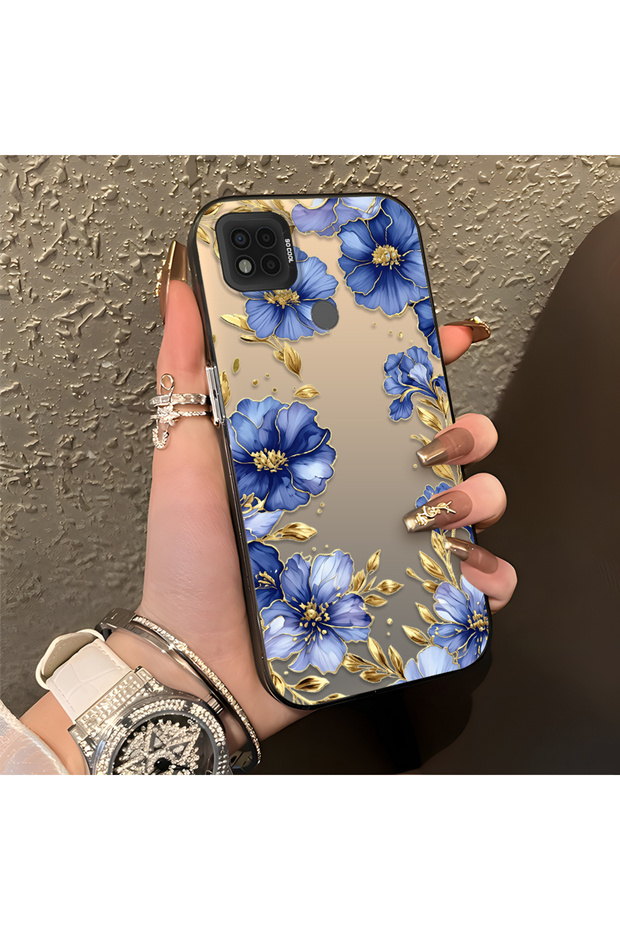 Poco C31 Compatible Elegant Flower Case, Blue Flower Golden Branch Creative Flat Printing