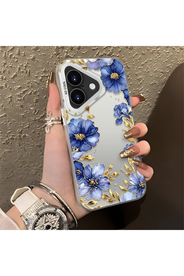 iPhone 16 Plus Compatible Elegant Floral Case, Blue Flower Golden Branch Creative Flat Print