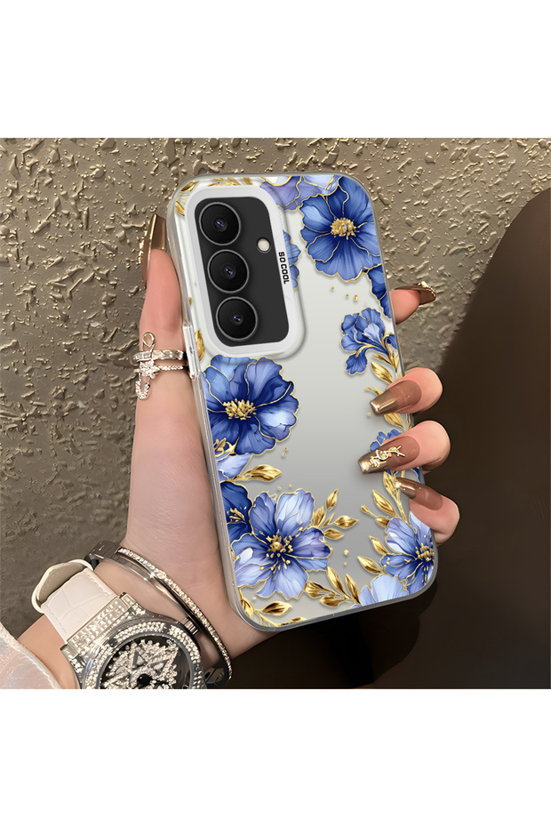 Samsung Galaxy S25 Fe Compatible Elegant Floral Case, Blue Flower Golden Branch Creative Flat Print