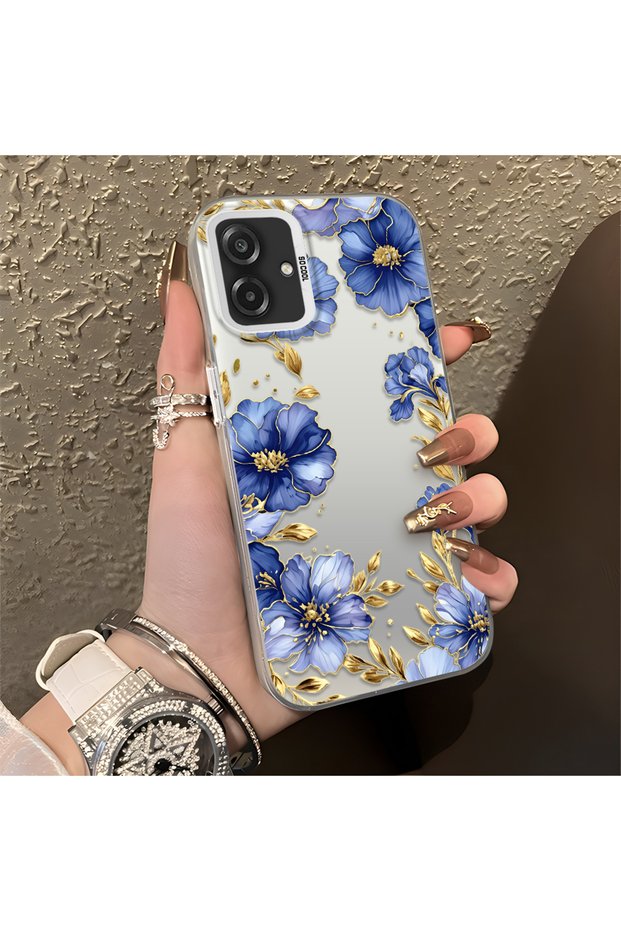 Samsung Galaxy A07 4g Compatible Elegant Flower Case, Blue Flower Golden Branch Creative Flat Print