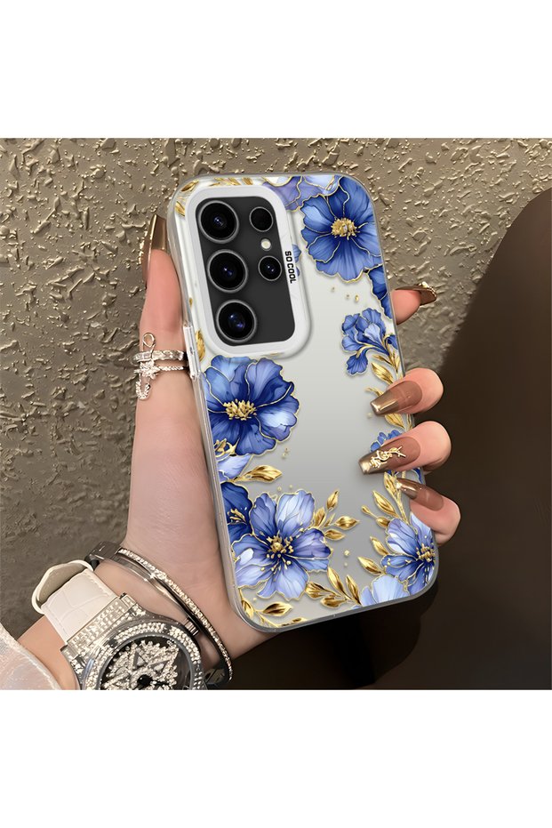 Samsung Galaxy S24 Ultra Compatible Elegant Floral Case, Blue Flower Golden Branch Creative Flat Print