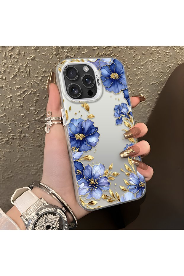 iPhone 16 Pro Compatible Elegant Floral Case, Blue Flower Golden Branch Creative Flat Print
