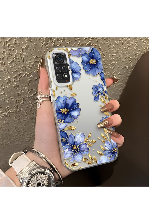 Redmi Note 11/Note 11S Compatible Elegant Flower Case, Blue Flower Golden Branch Creative Flat Print