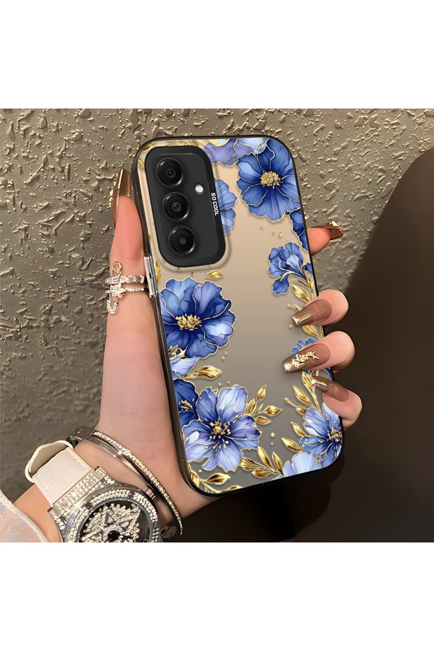 Samsung Galaxy A16 4G/5G Compatible Elegant Flower Case, Blue Flower Golden Branch Creative Flat Print
