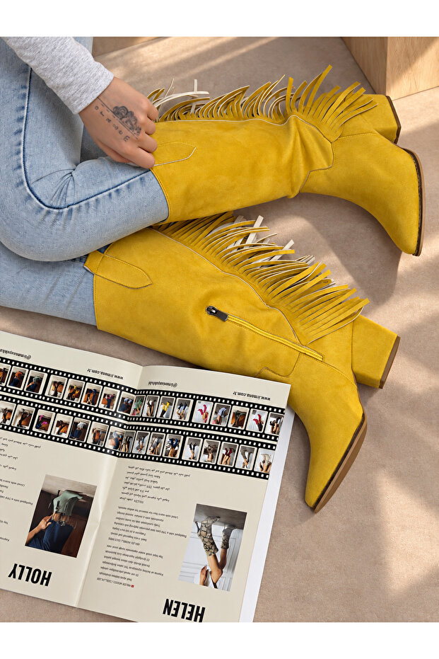 Arizona Yellow Suede Tasseled 5 cm Heel Dallas Boots Botties