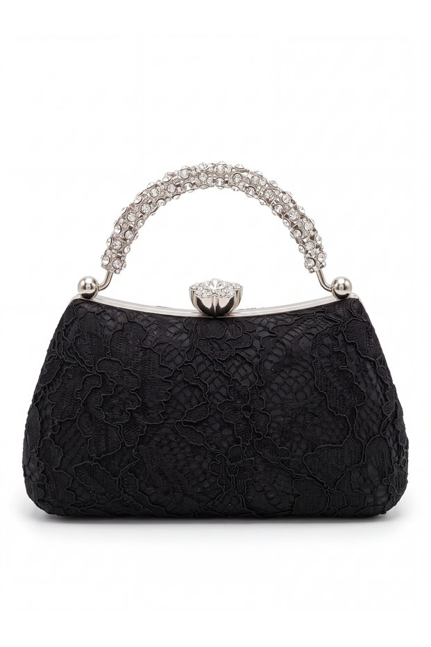 Women's Black Lace Detailed Evening Dress Handbag with Stone Handle