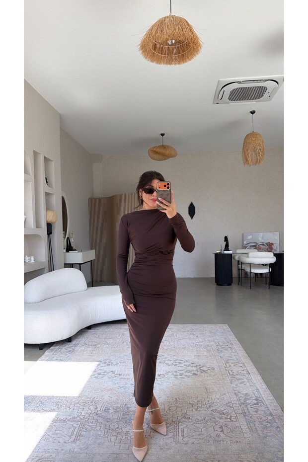 Brown Polyamide Fabric Draped Midi Dress