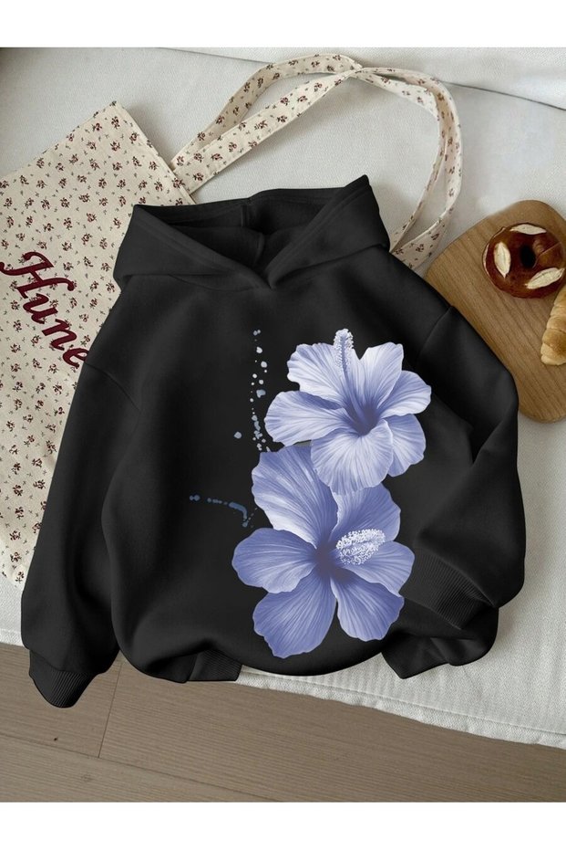 Unisex Black Blue Shining Floral Printed Hooded Sweatshirt Printed Premium Oversize T-Shirt