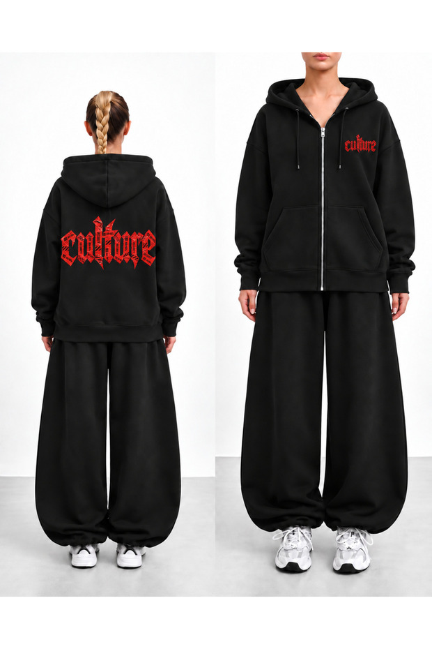 Colture Printed Zipper Hooded High Collar Streetwear Sweatshirt