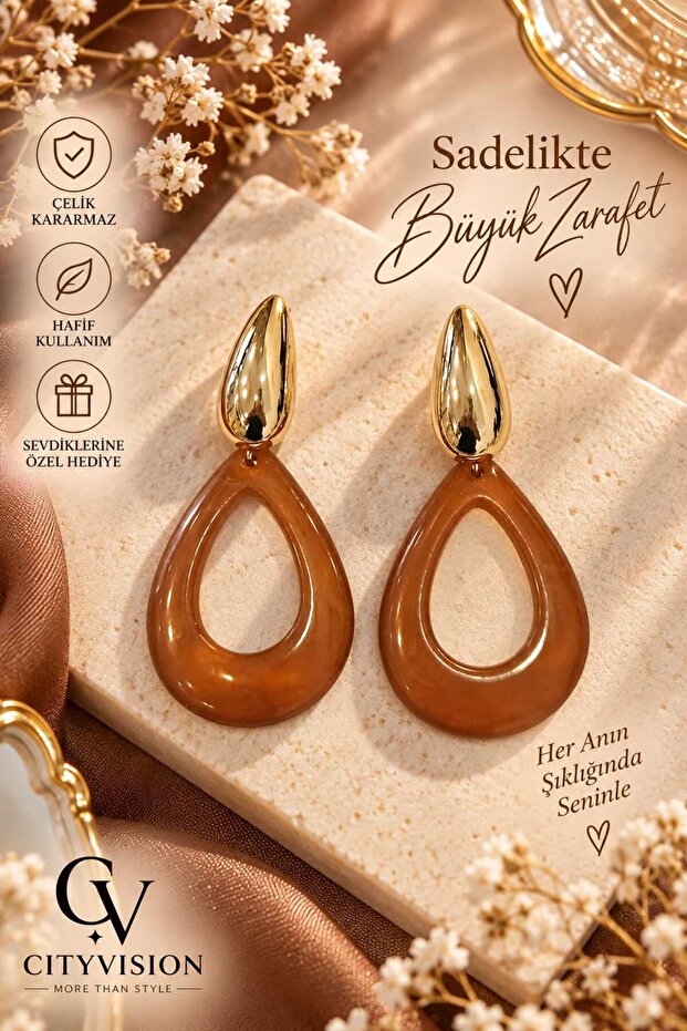 Oval Model Stainless Steel Brown Color Earring Set