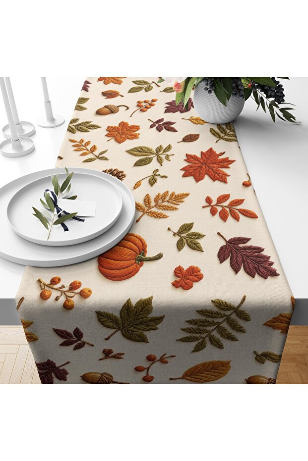 Digital Printed Runner - Floral/Leaf Patterned / Embroidery-Looking / Autumn Series - 140X40 cm