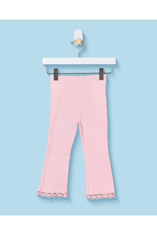 Infant Girls Solid Pink Flared Leggings With Bottom Hem Lace