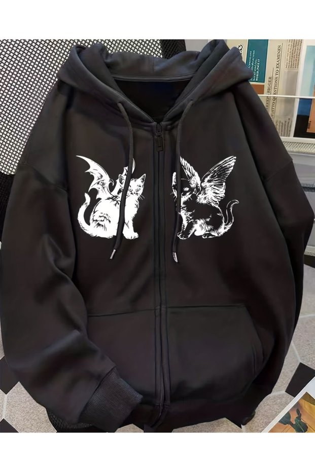 Gothic Design Oversize Zippered Unisex Hooded Cardigan