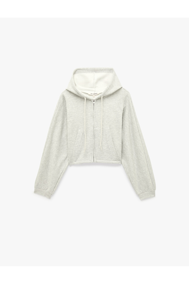 Silvery Long Sleeve Hooded Crop Sweatshirt with Back Print