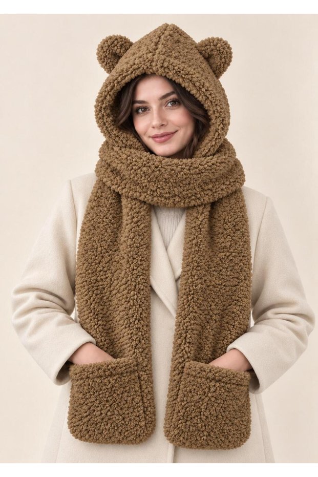 Women's Imported Teddy Plush Scarf with Ears, Hood, Pockets, and Winter Neck Warmer