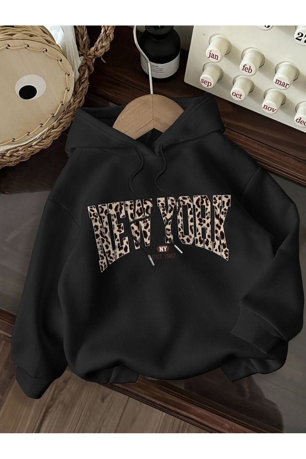 Unisex Black Leopard New York Back Printed Hooded Sweatshirt Printed Premium Oversize T-Shirt