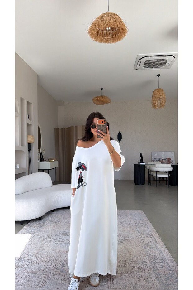 Ecru Stone Rabbit Printed Modal Long Dress