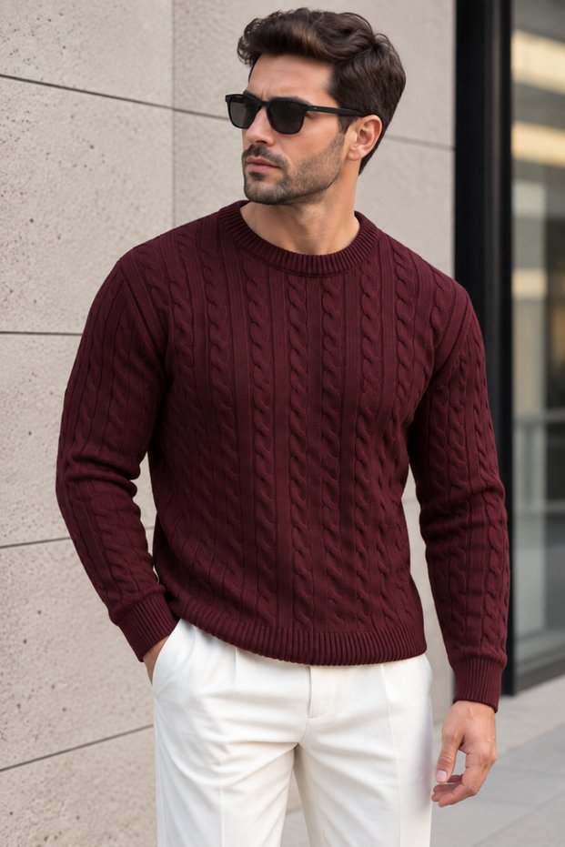 Hair Knit Crew Neck Wool Blend Men's Knitwear Sweater - Burgundy
