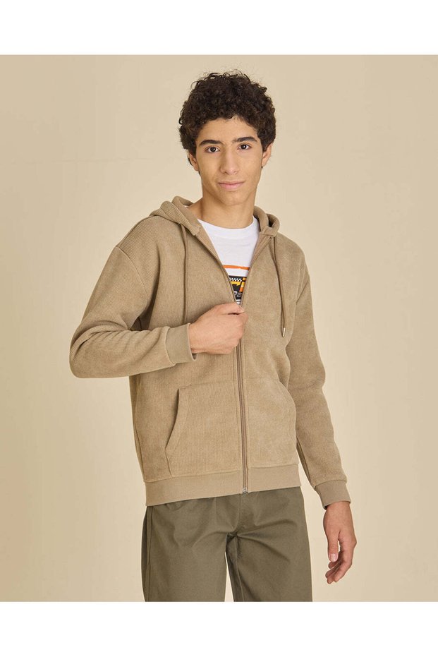 Senior Boys Beige Plain Zip-Up Hooded Sweatshirt
