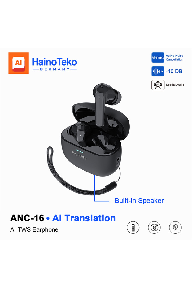 ANC-16 AI Translation TWS Earphones 6-Mic Active Noise Cancellation up to -40dB, Spatial Audio, 4.5 Hours Playtime, 18 Hours with Charging Case Sleek Design