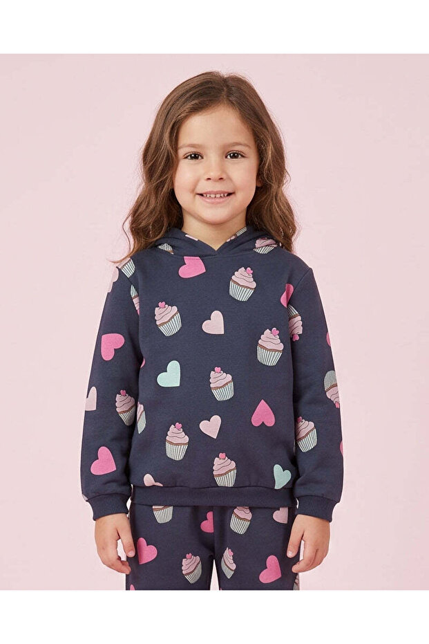 Girls Charcoal Muffin Print Hooded Sweatshirt