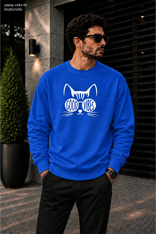 Men's Printed Crew Neck Casual Regular Fit Sweatshirt with Cat Illustration and Glasses