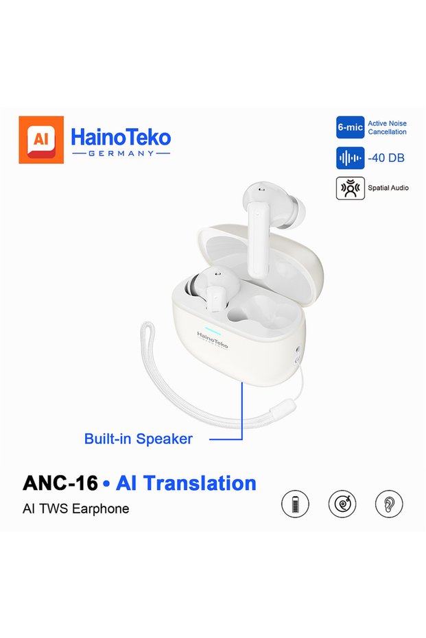 ANC-16 AI Translation TWS Earphones 6-Mic Active Noise Cancellation up to -40dB, Spatial Audio, 4.5 Hours Playtime, 18 Hours with Charging Case Sleek Design